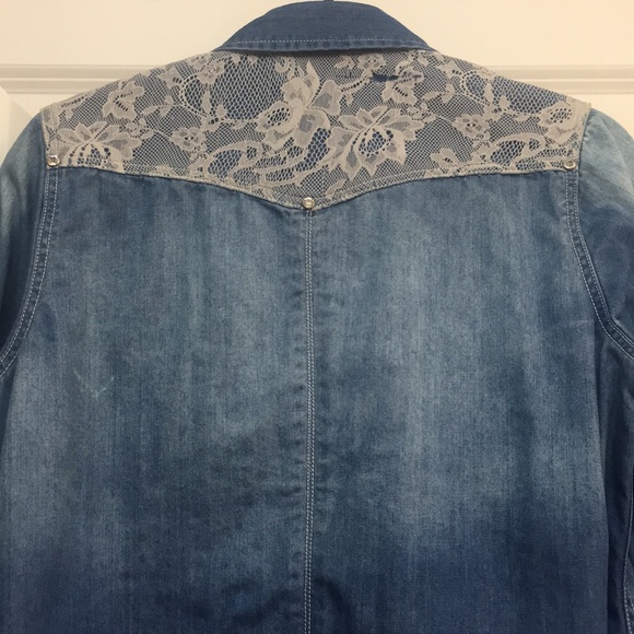 Denim & Lace Button Down Western Shirt - Picture 7 of 12